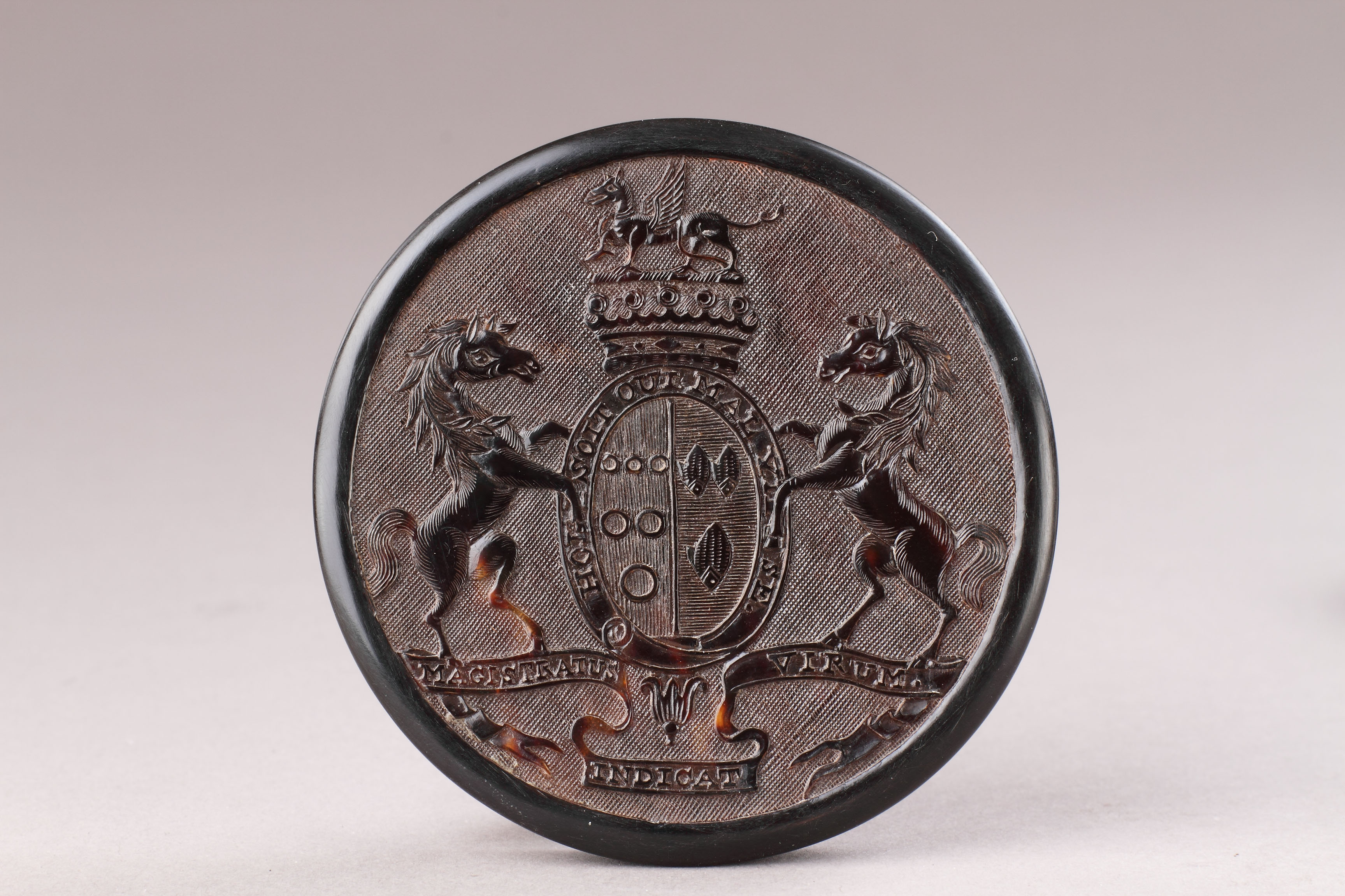 English Pressed Tortoiseshell Snuff Box Decorated with the Armourial of the Earl of Lonsdale